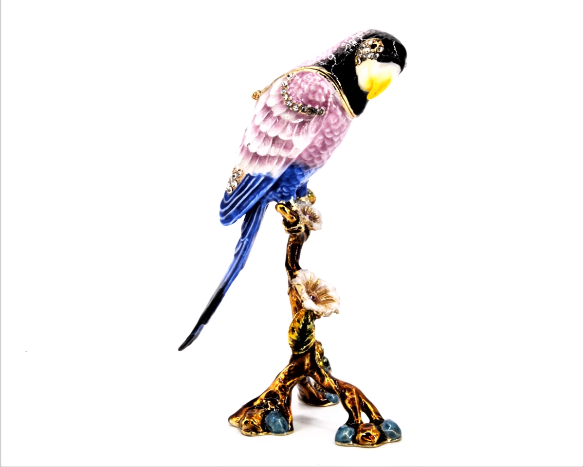 1013741B Purple Blue Parrot on Branch Trinket Box with Hand Crafted with Enamel & Swarovski Crystals