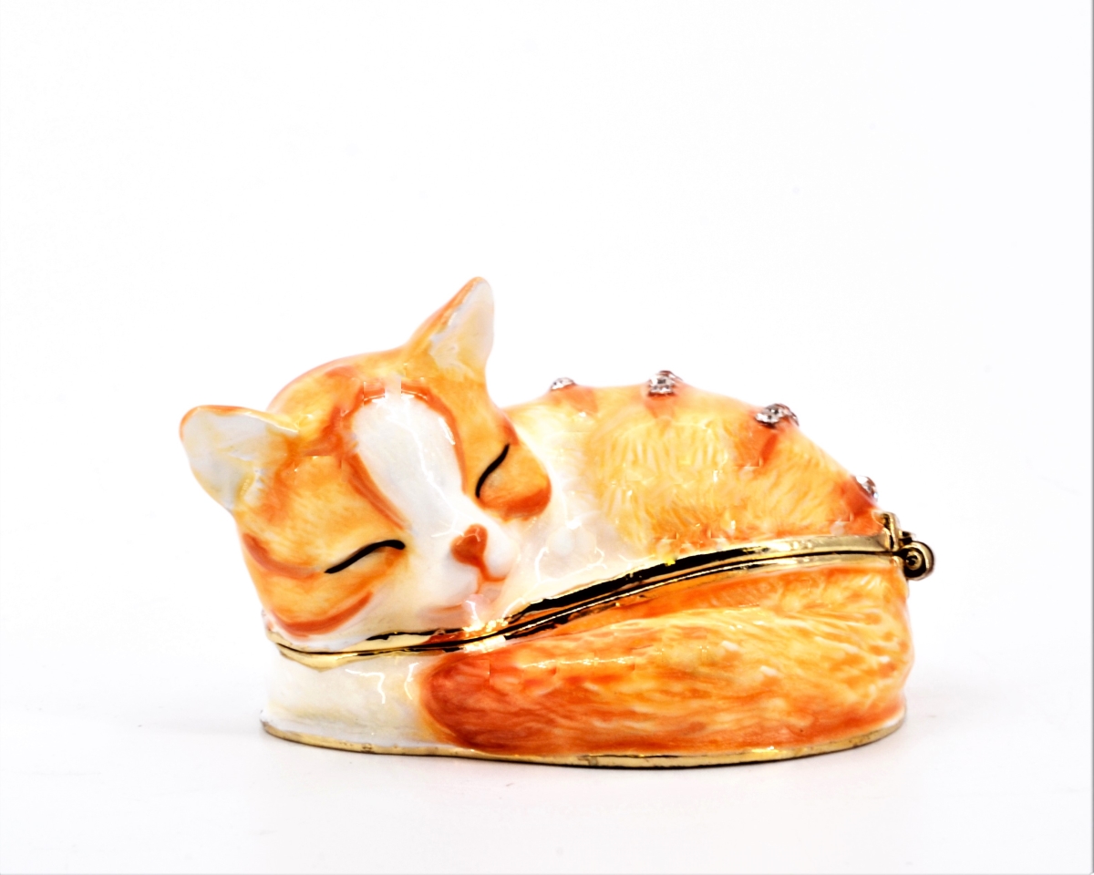 Sleeping Cat Trinket Box with Light Brown Enamel & Swarovski Crystals