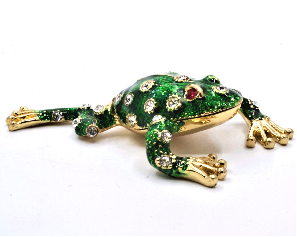 1013603 Bejeweled Leaping Frog Trinket Box with Hand Set Swarovski Crystals & Green Enamel