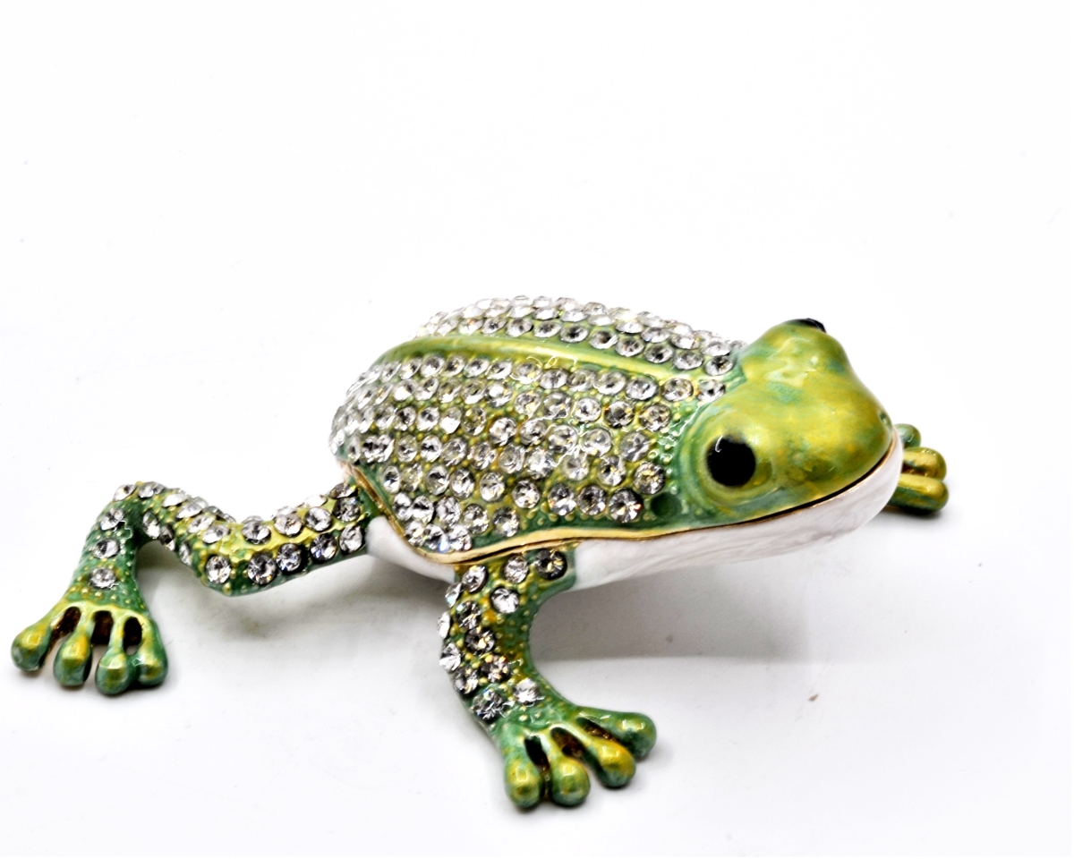 1013833 Bejeweled Leaping Frog Trinket Box with Hand Set Swarovski Crystals & Green Enamel