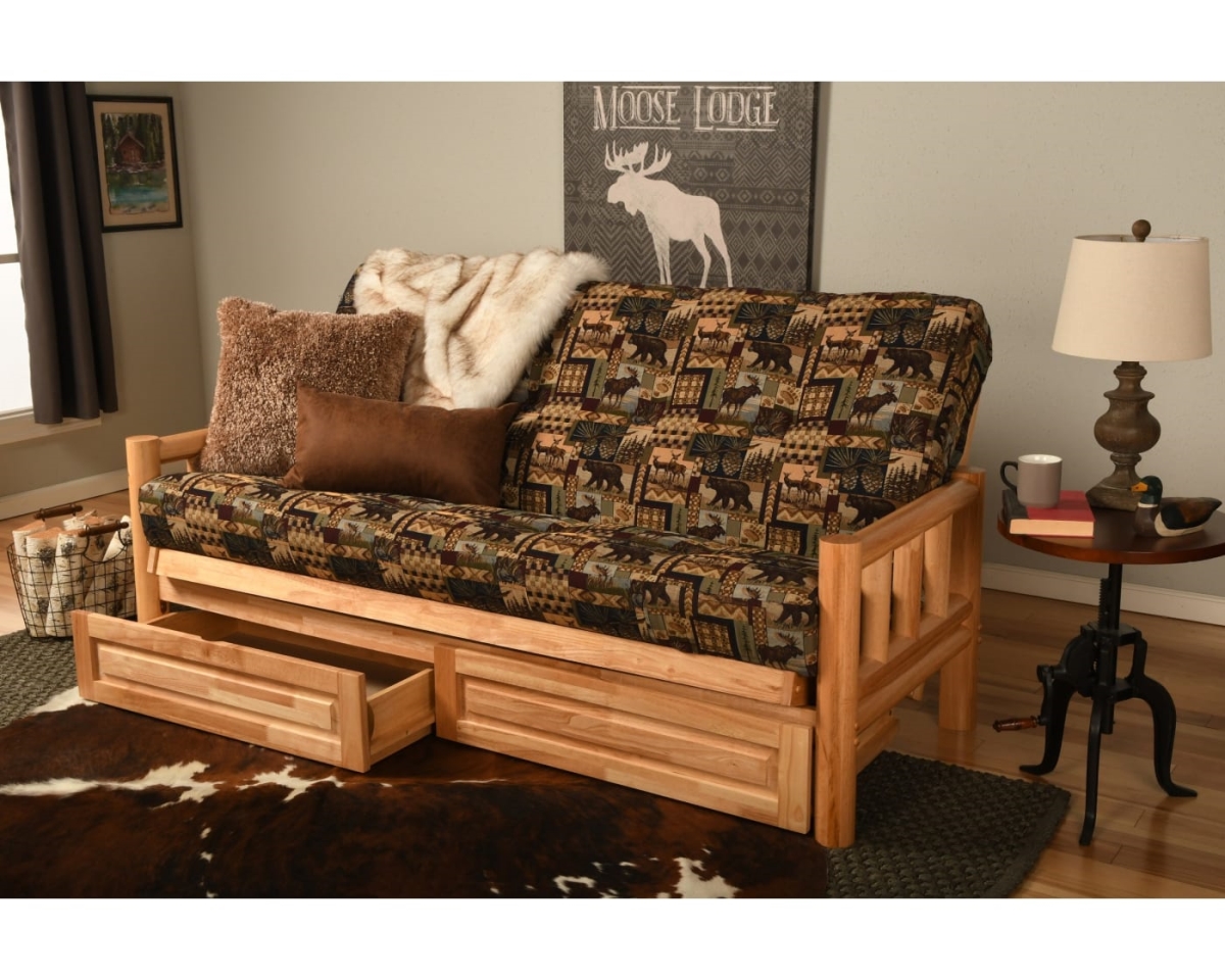 Picture of Kodiak KFLDDPCABLF5MD4 Lodge Natural Futon Frame with Peters Cabin Mattress & Storage Drawers - Full Size