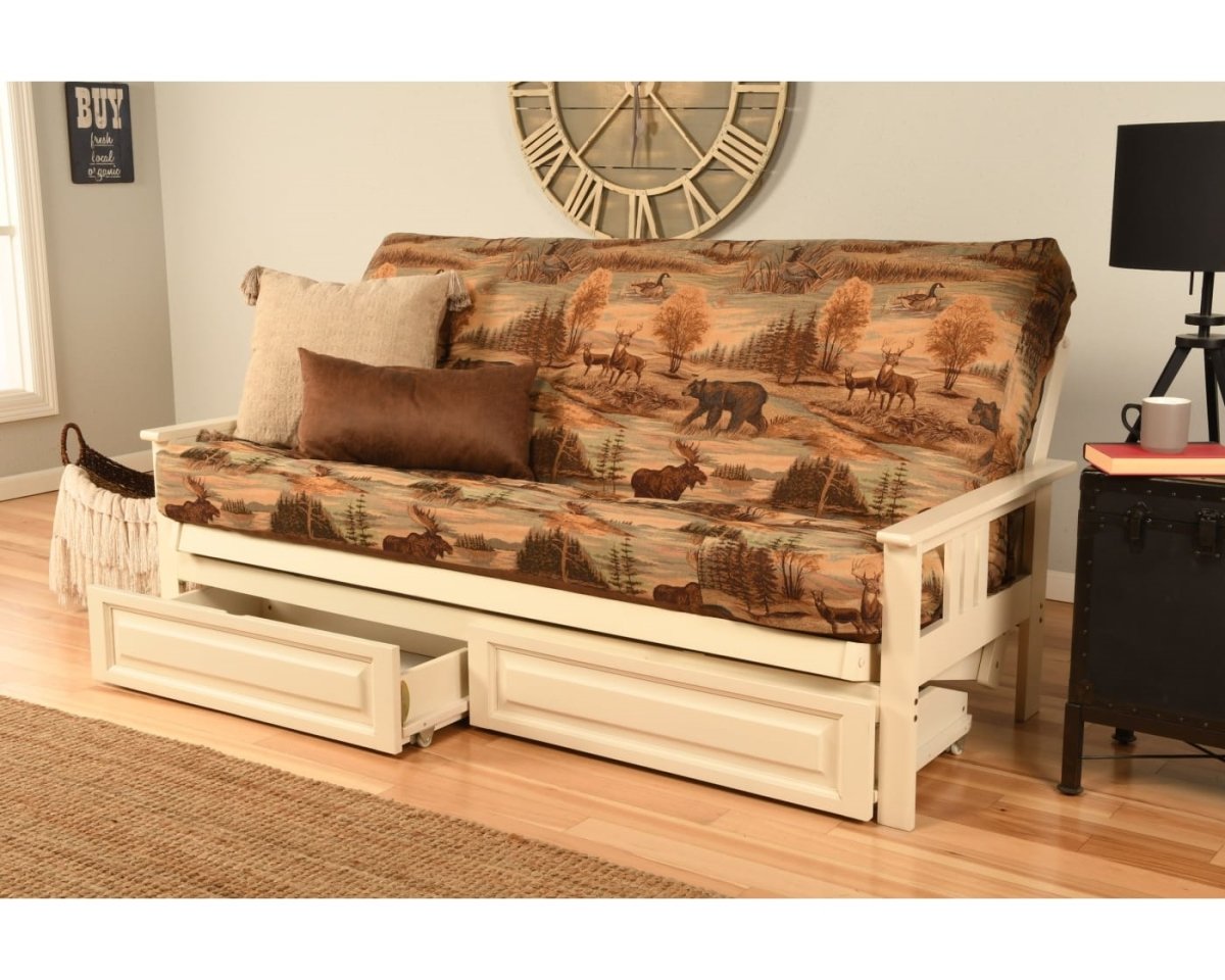 KFMODAWCANLF5MD4 Monterey Antique White Futon Frame with Canadian Mattress & Storage Drawers - Full Size -  Kodiak