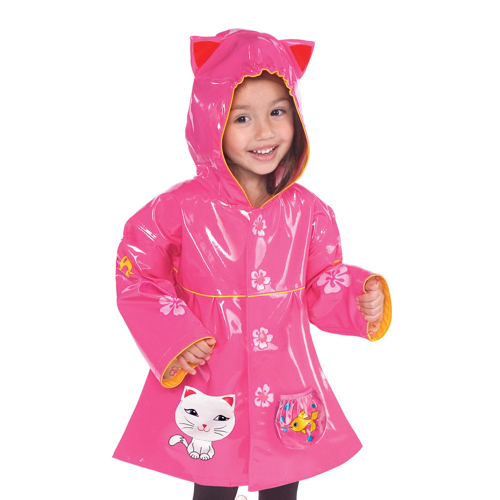 PCOAT-CAT3T 100 Percent PU with Comfy Polyester Linning Pink Lucky Cat PU Raincoat - Size 3T