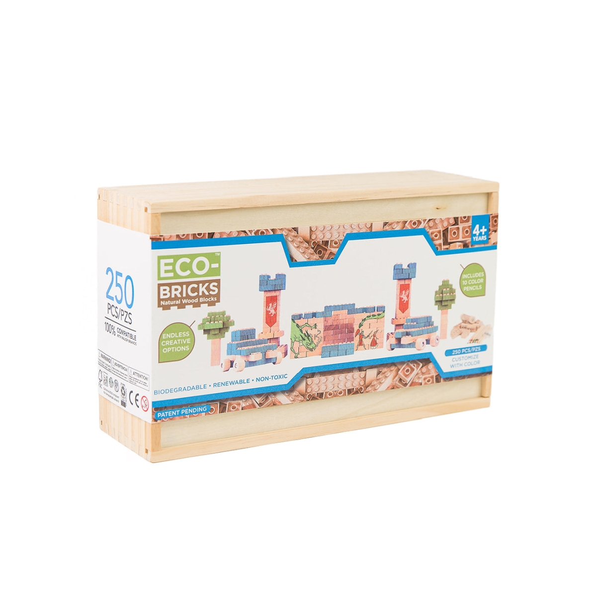 EB125021  Eco-bricks Classic 250pcs - updated  Wooden Building Blocks Set | Eco Toy for Kids & Creative Construction