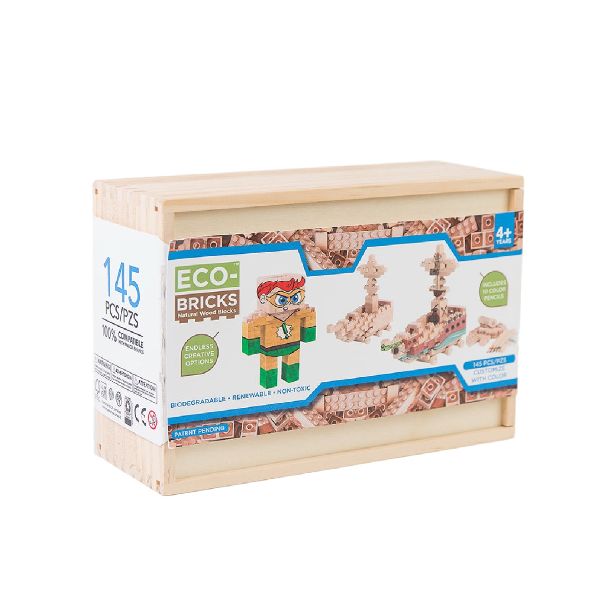 EB114521  Eco-bricks Classic 145pcs - updated  Wooden Building Blocks Set | Eco Toy for Kids & Creative Construction