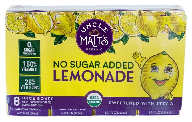 Picture of Uncle Matts Organic 2200277 54 fl oz Organic No Sugar Added Lemonade Juice Box - 8 per Pack - Pack of 4