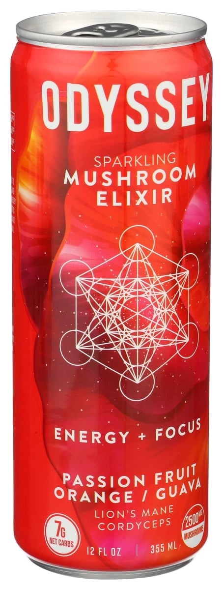 392603 12 fl oz Passion Fruit Orange Guava Sparkling Mushroom Elixir Energy Plus Focus Drink