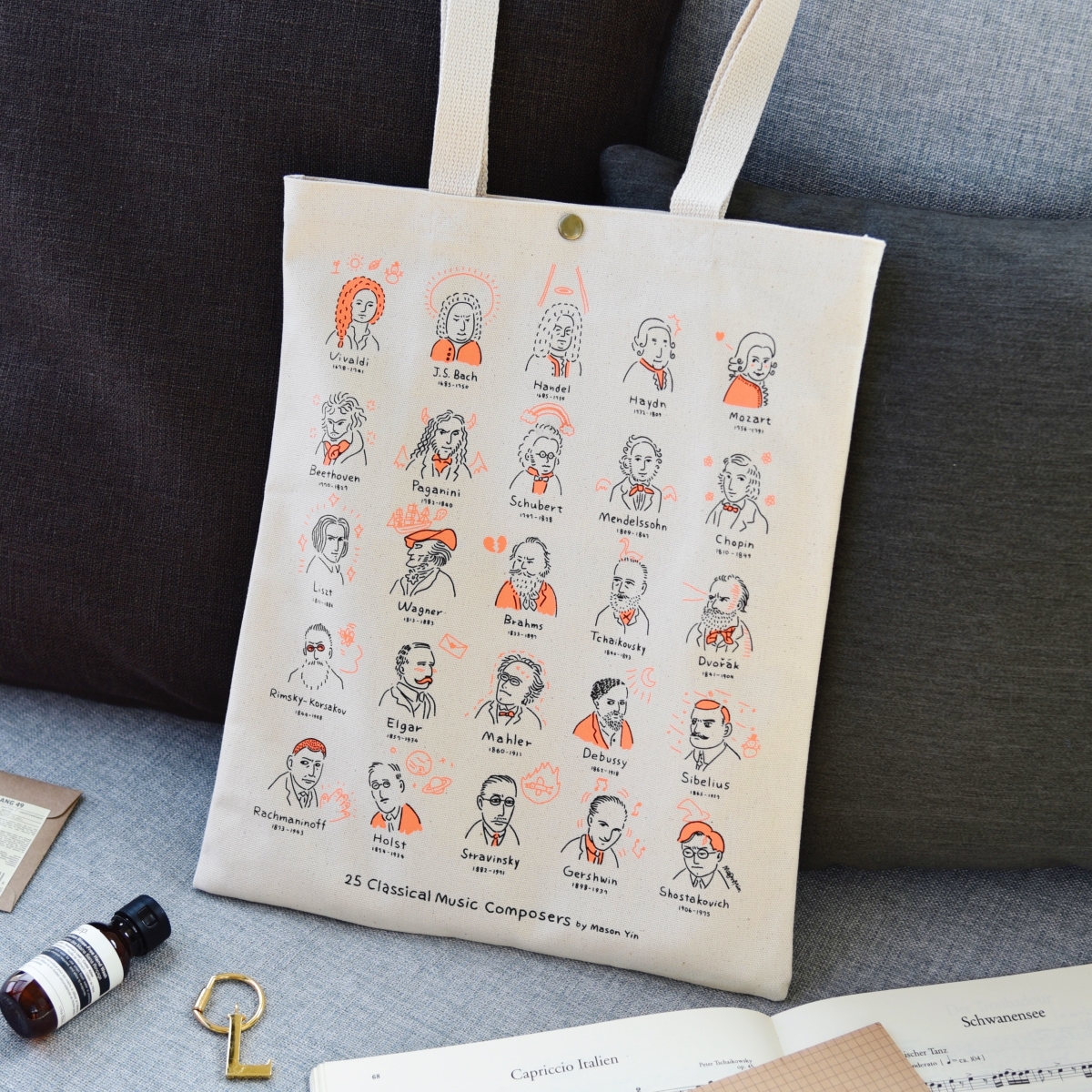 12 oz 100 Percent Cotton 25 Classical Music Composers Tote Bag