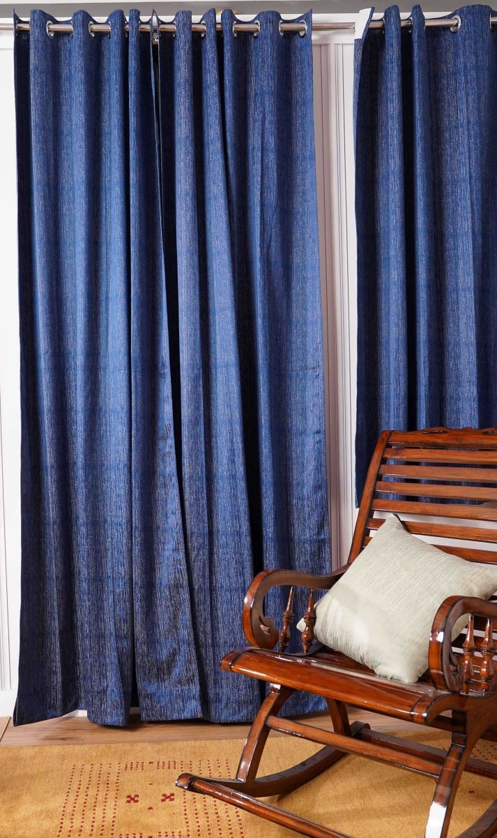 48 x 63 in. 360 GSM Poly Cotton Jacquard Fabric Decorative Grommet Curtains Panel - Plain Solid Textured, Dark Blue - Set of 2