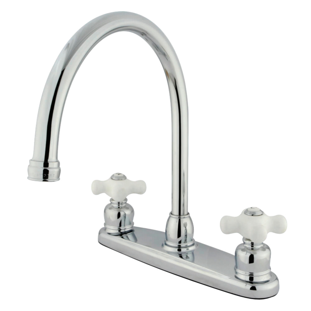 Picture of Kingston Brass KB721PXLS Gooseneck Kitchen Faucet with Porcelain Cross Handle, Chrome