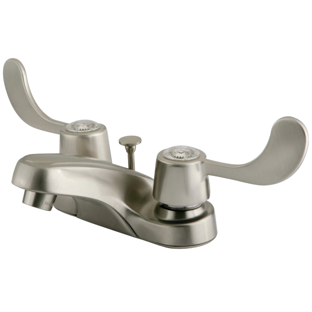 4 in. Twin Blade Handle Centerset Faucet with Brass Pop-Up - Satin Nickel