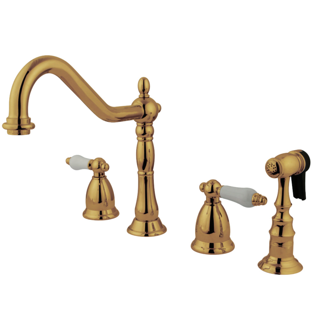 Picture of Kingston Brass KS1792PLBS Heritage Widespread Kitchen Faucet with Procelain Lever Handles and Brass Side Spray, Polished Brass