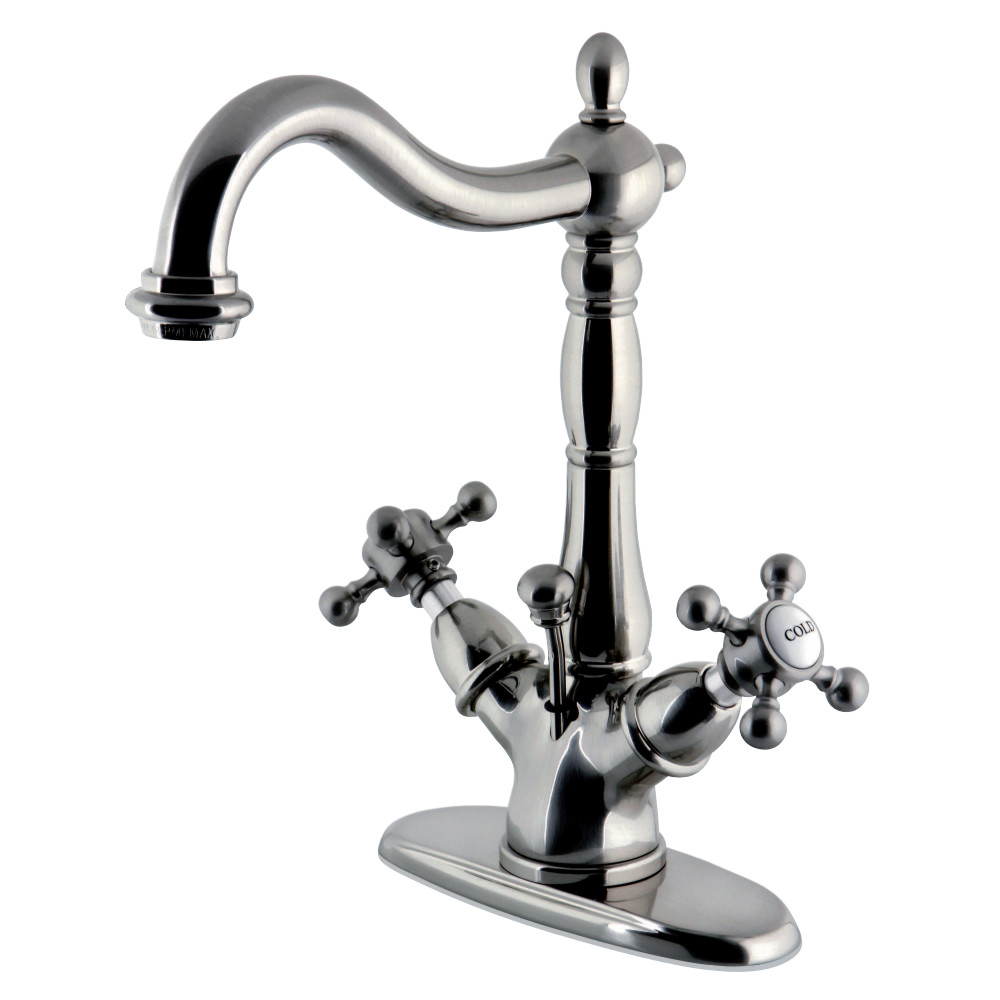 4 in. Deck Plate Lavatory Faucet with Cross Handle & Handle & Brass Pop-Up, Satin Nickel
