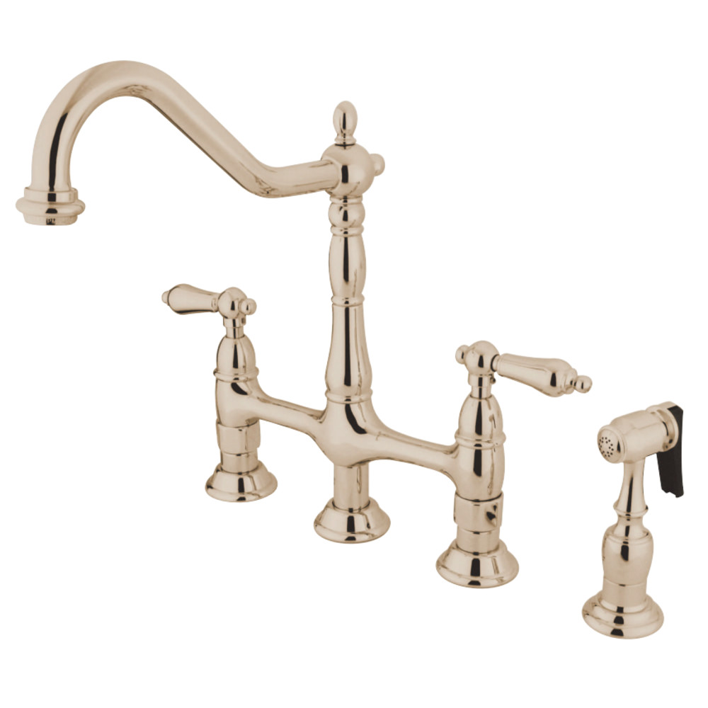 Heritage Kitchen Bridge Faucet with Brass Sprayer, Polished Nickel