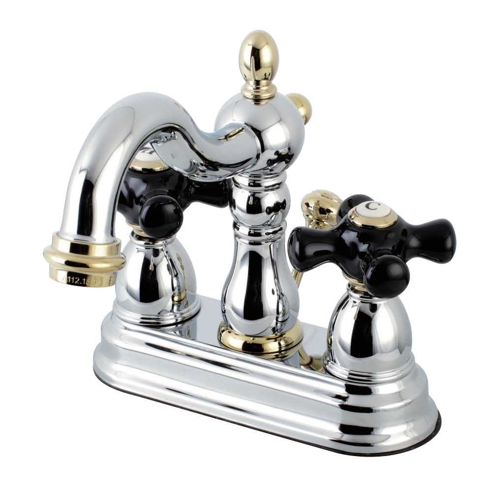 Picture of Kingston Brass KB1604PKX 4 in. Centerset Lavatory Faucet with Black Porcelain Cross Handle, Chrome & Polished Brass Trim