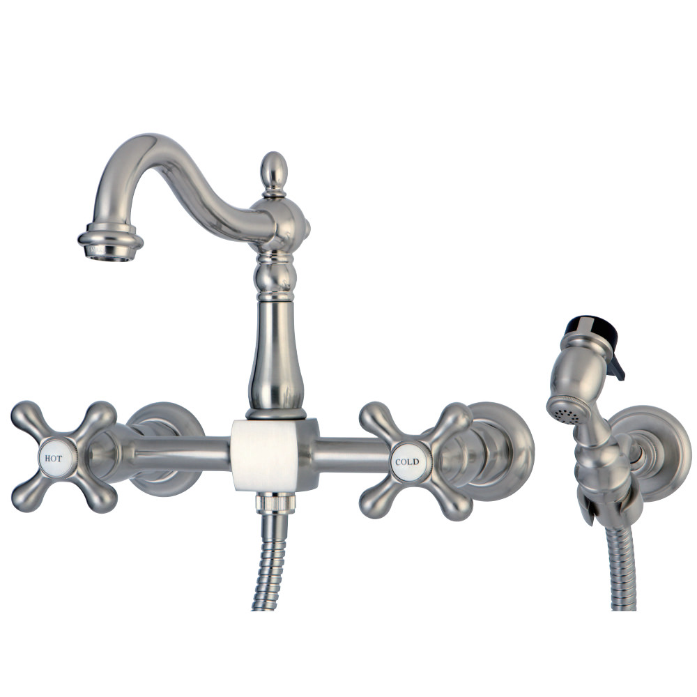 Picture of Kingston Brass KS1268AXBS Wall Mount Kitchen Faucet with Brass Sprayer Metal Cross Handle, Satin Nickel