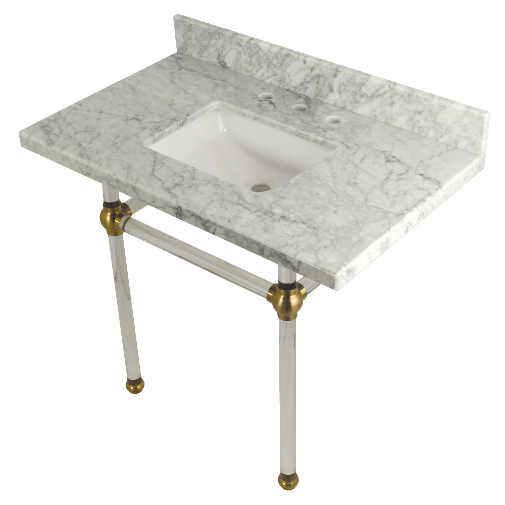 Brass  36X22 Carrara Marble Vanity with Sink and Acrylic Feet Combo  Carrara Marble/Brushed Brass