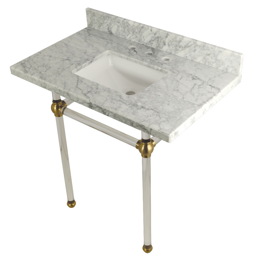 Brass  36X22 Carrara Marble Vanity with Sink and Acrylic Feet Combo  Carrara Marble/Brushed Brass