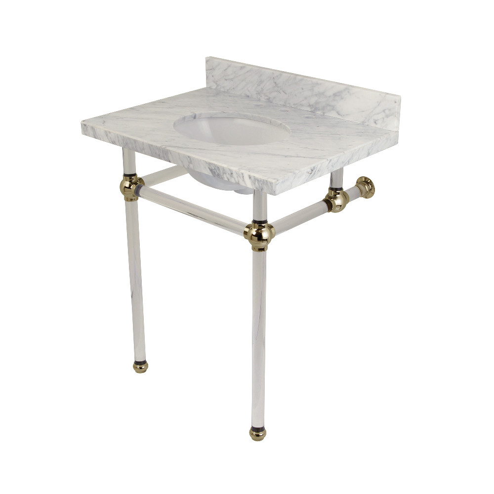 Templeton Bathroom Console Vanity with Acrylic Pedestal, Carrara Marble & Polished Nickel - 30 x 38 x 22 in.