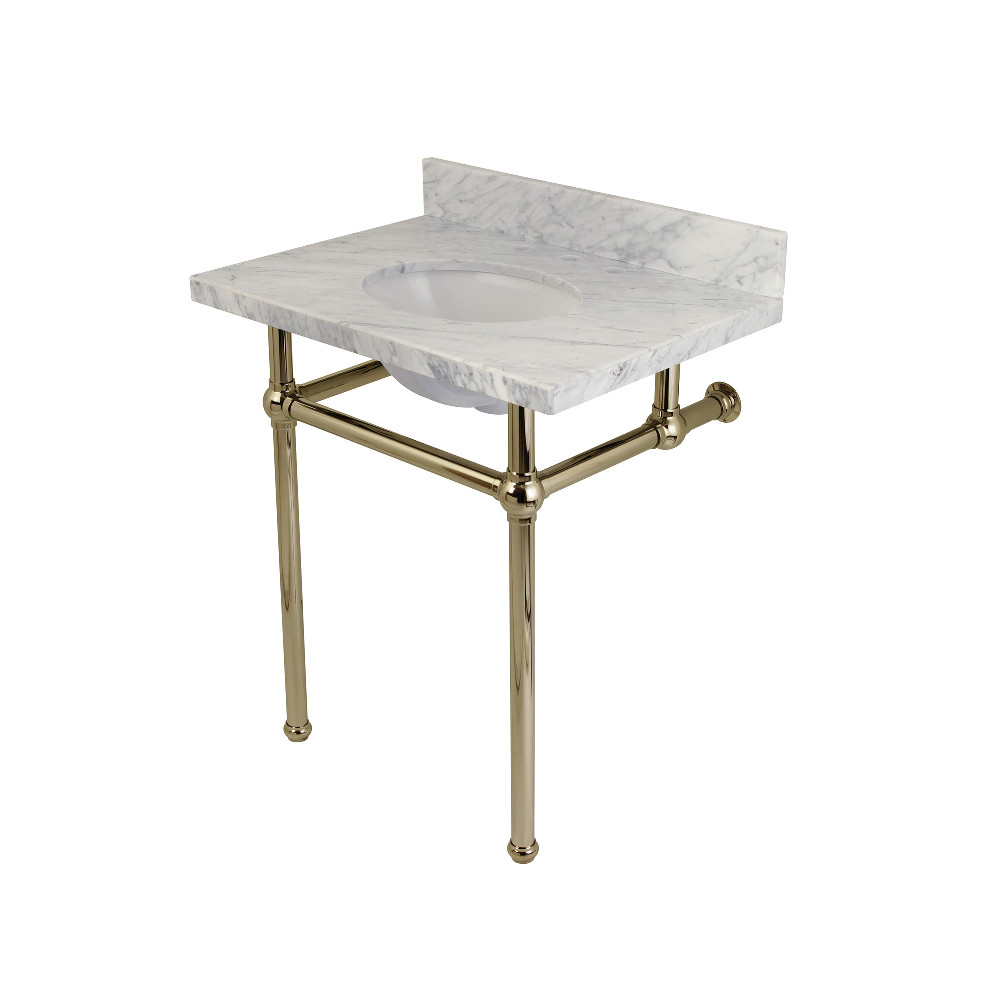 Templeton Bathroom Console Vanity with Brass Pedestal - Carrara Marble & Polished Nickel - 30 x 38 x 22 in.