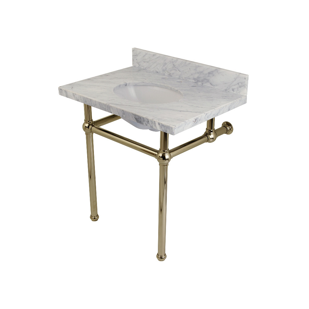 Templeton Bathroom Console Vanity with Brass Pedestal - Carrara Marble & Polished Nickel