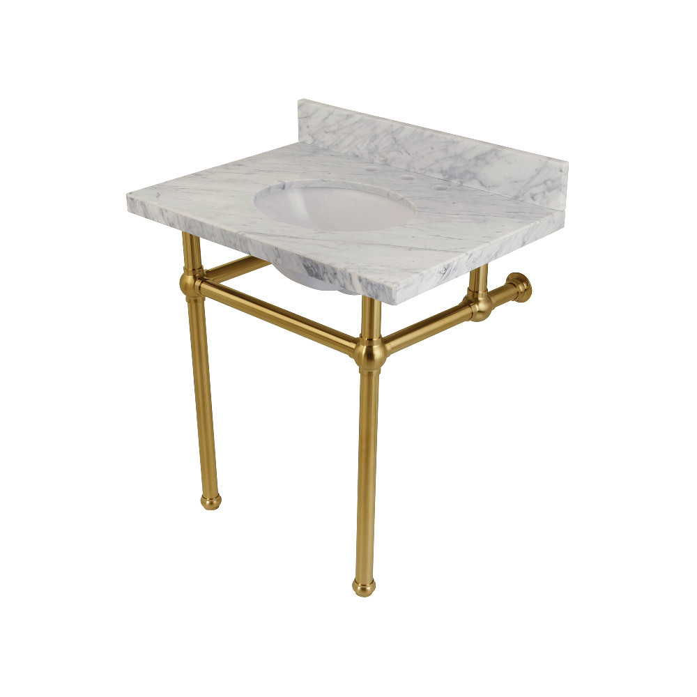 KVPB3030MB7 Templeton Carrara Marble Bathroom Console Vanity with Brass Pedestal  Carrara Marble/Brushed Brass -  Fauceture
