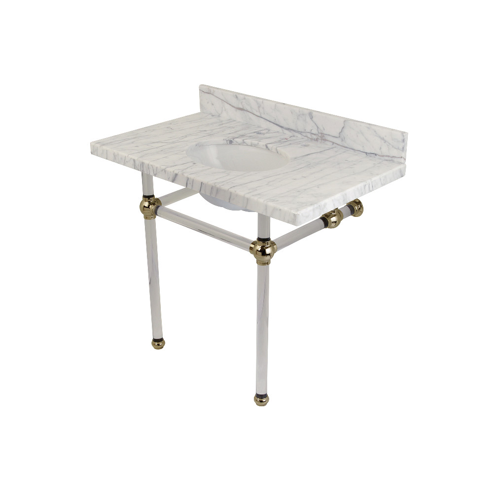 Templeton Bathroom Console Vanity with Acrylic Pedestal, Carrara Marnle & Polished Nickel - 36 x 34.75 x 22 in.