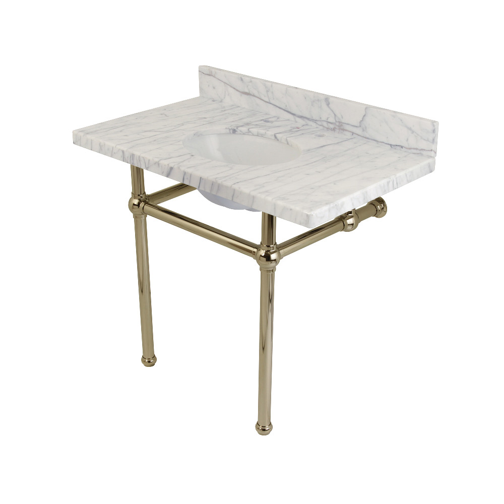 KVPB3630MB6 Templeton Bathroom Console Vanity with Brass Pedestal, Carrara Marnle & Polished Nickel - 36 x 34.75 x 22 in.