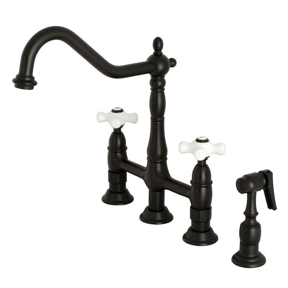 Picture of Kingston Brass KS1270PXBS Heritage Kitchen Bridge Faucet with Side Sprayer, Matte Black - 18.19 x 16.54 x 3.19 in.