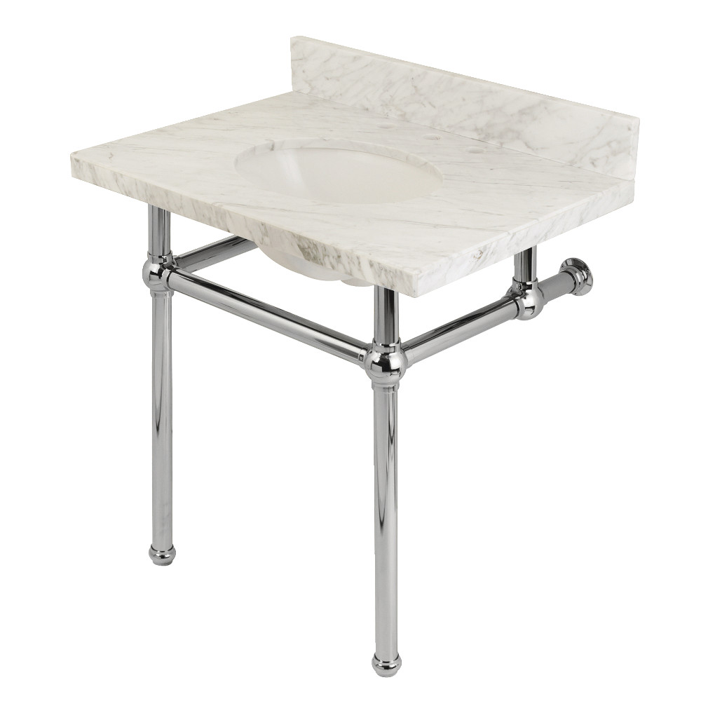 KVPB3030MB1 Transitional Carrara Marble Bathroom Console Vanity with Brass Pedestal - Carrara Marble & Polished Chrome -  Fauceture