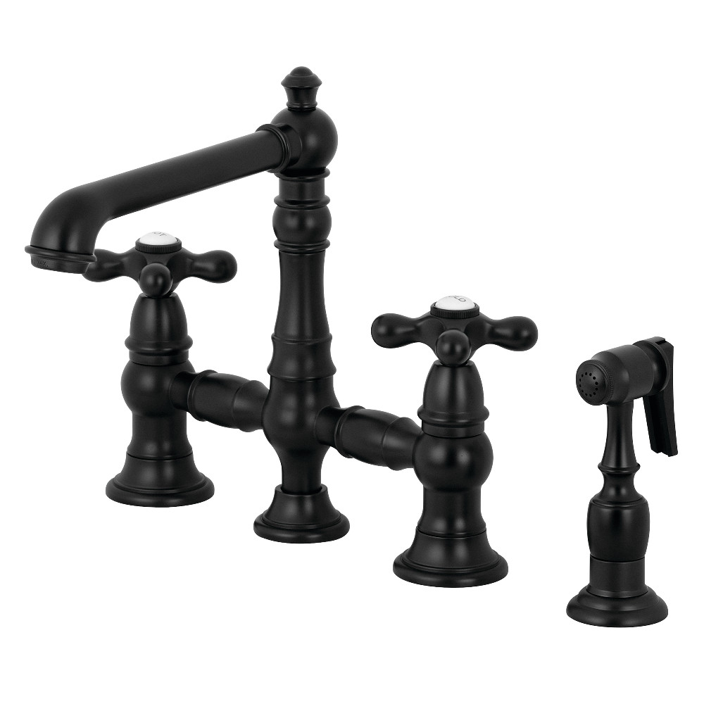 Picture of Kingston Brass KS7270AXBS Traditional English Country 8 in. Bridge Kitchen Faucet with Sprayer - Matte Black