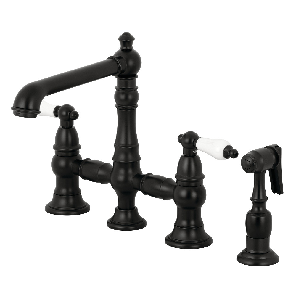 Picture of Kingston Brass KS7270PLBS Traditional English Country 8 in. Bridge Kitchen Faucet with Sprayer - Matte Black