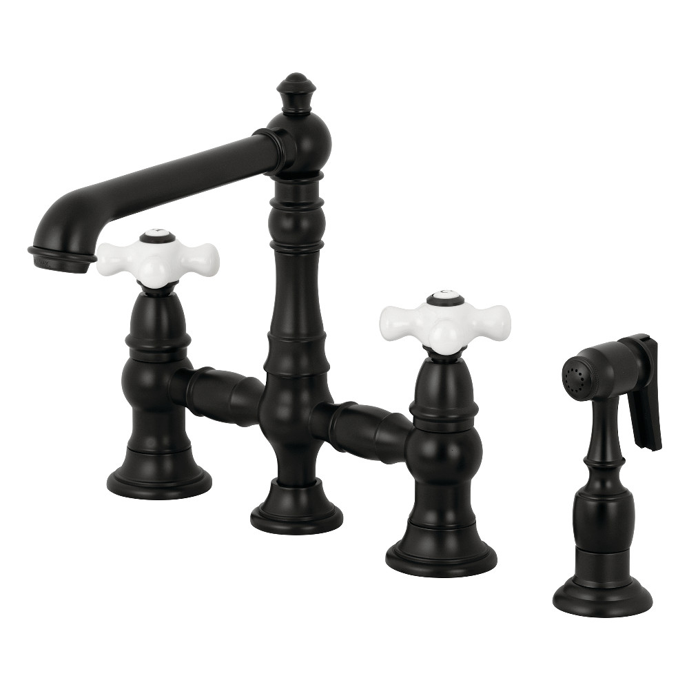 Picture of Kingston Brass KS7270PXBS Traditional English Country 8 in. Bridge Kitchen Faucet with Sprayer - Matte Black