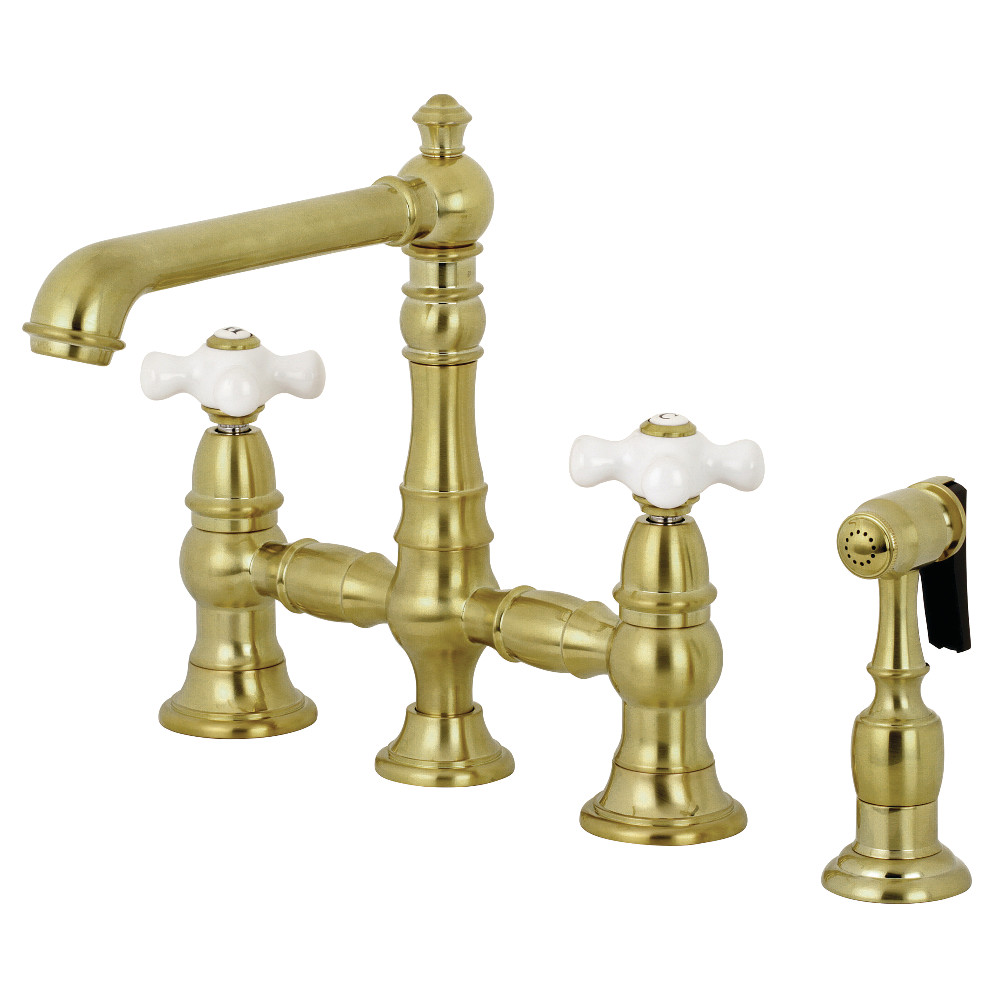 Picture of Kingston Brass KS7277PXBS English Country 8" Bridge Kitchen Faucet with Sprayer  Brushed Brass
