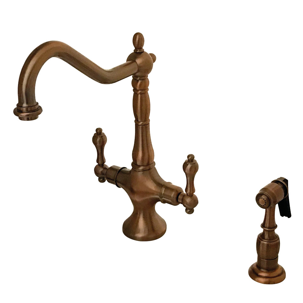 Picture of Kingston Brass KS177ALBSAC Heritage 2-Handle Kitchen Faucet with Brass Sprayer, Antique Copper