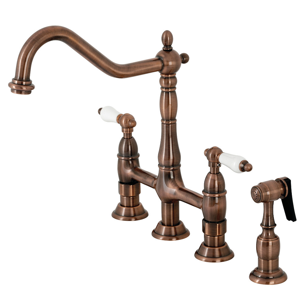 Heritage Bridge Kitchen Faucet with Brass Sprayer, Antique Copper