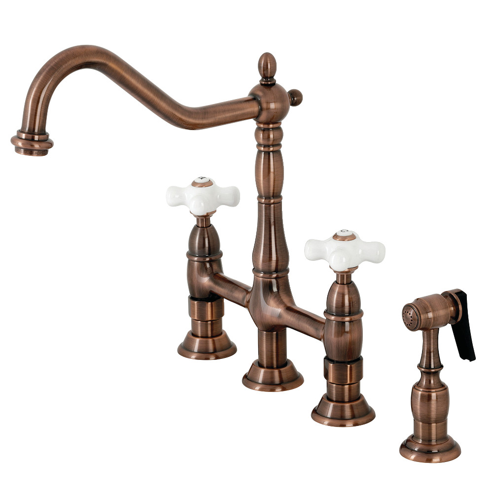 Heritage Bridge Kitchen Faucet with Brass Sprayer, Antique Copper