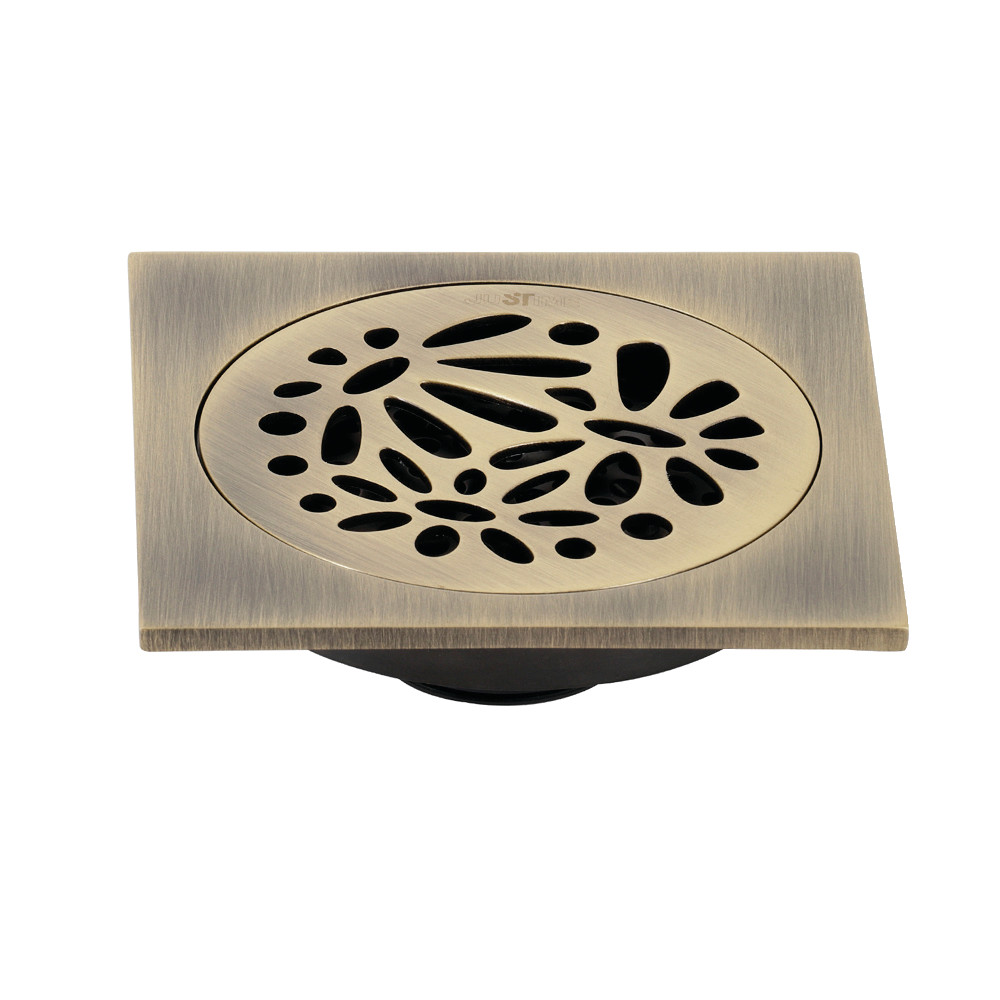 4 in. Watercourse Floral Square Grid Shower Drain, Antique Brass