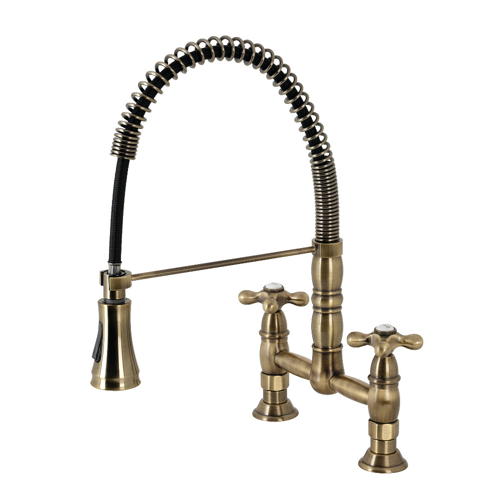 GS1273AX Gourmetier Heritage Two-Handle Deck-Mount Pull-Down Sprayer Kitchen Faucet, Antique Brass