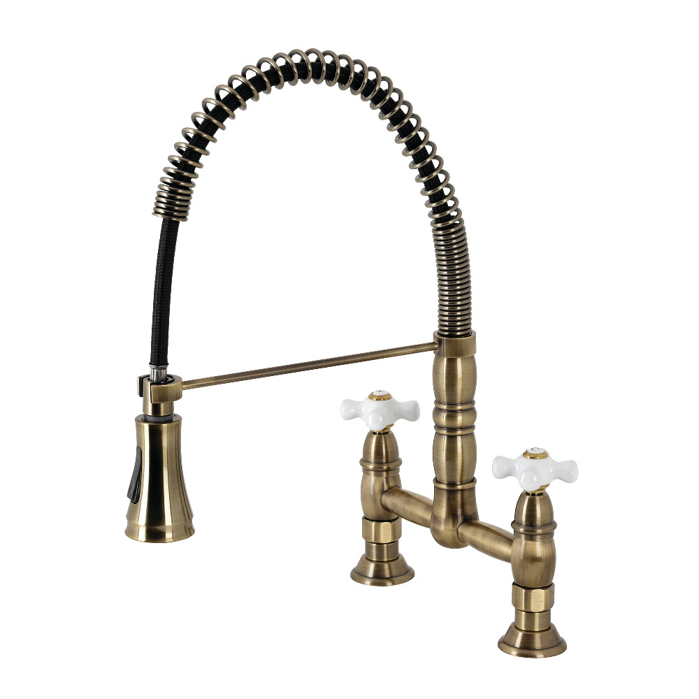Picture of Kingston Brass GS1273PX Gourmetier Heritage Two-Handle Deck-Mount Pull-Down Sprayer Kitchen Faucet, Antique Brass