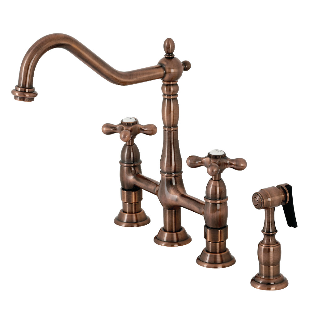 Picture of Kingston Brass KS127AXBSAC Heritage Bridge Kitchen Faucet with Brass Sprayer, Antique Copper