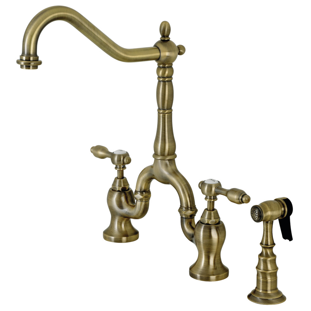 Picture of Kingston Brass KS7753TALBS Tudor Bridge Kitchen Faucet with Brass Sprayer, Antique Brass