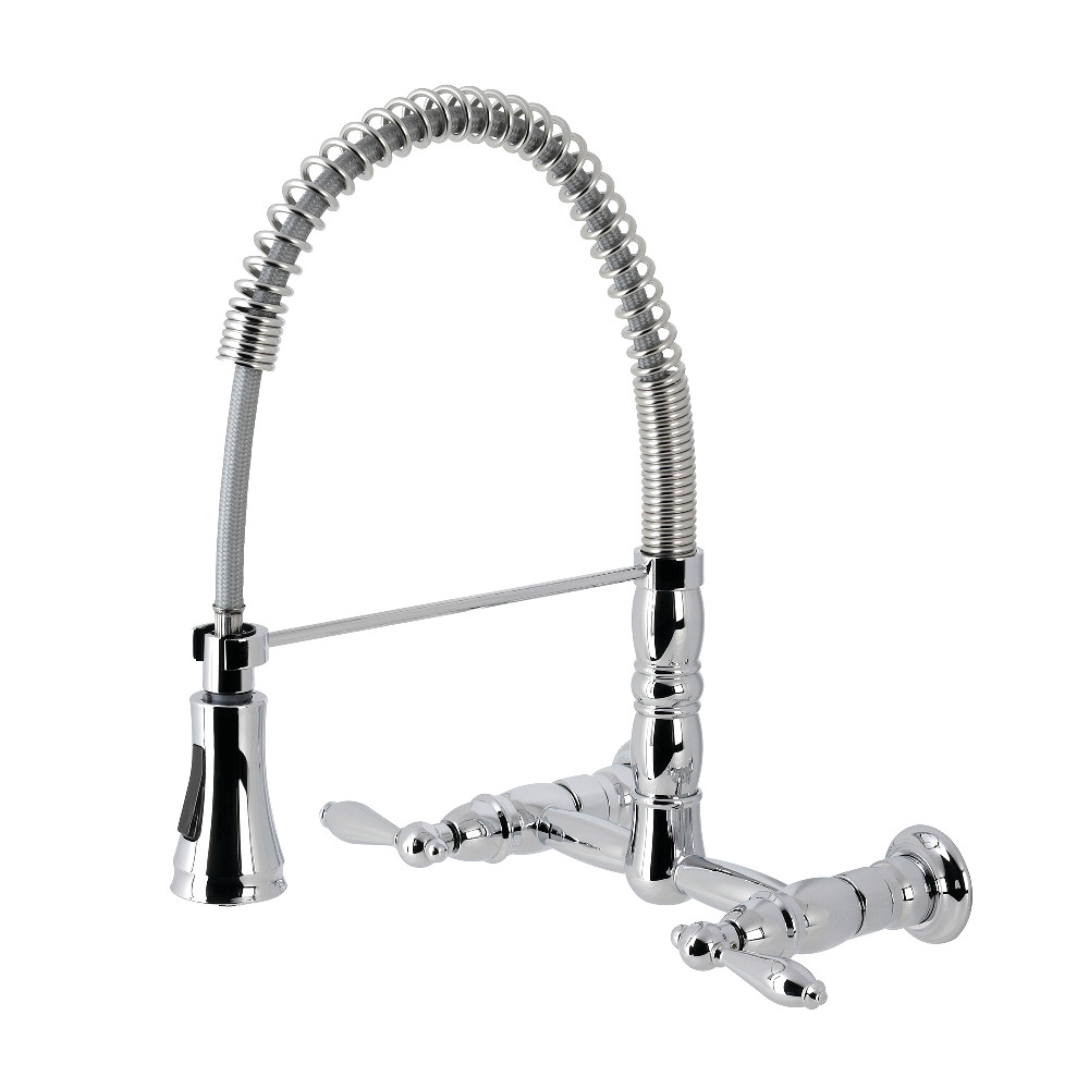 Picture of Kingston Brass GS1241AL Gourmetier Heritage Two-Handle Wall-Mount Pull-Down Sprayer Kitchen Faucet, Polished Chrome