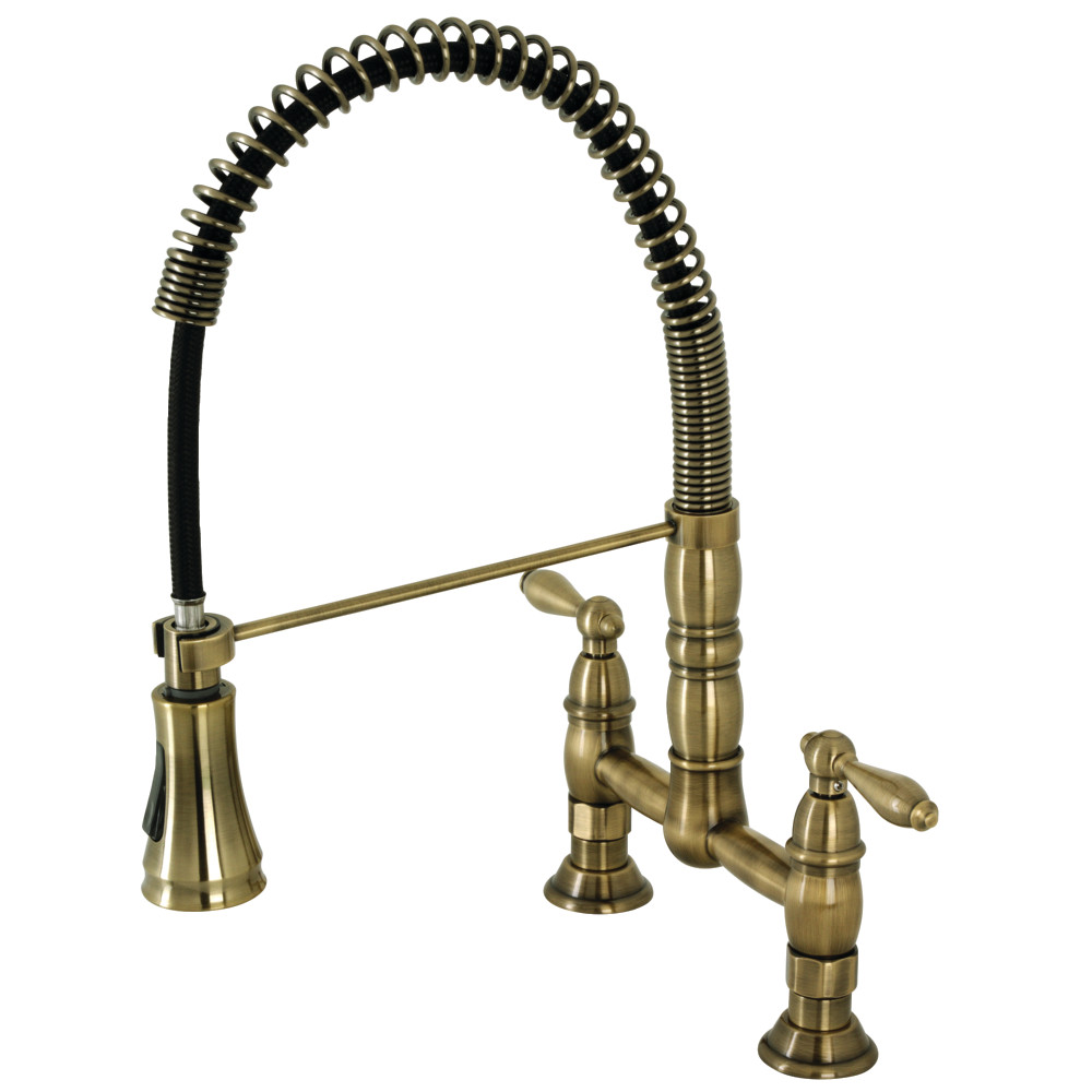 Picture of Kingston Brass GS1273AL Gourmetier Heritage Two-Handle Deck-Mount Pull-Down Sprayer Kitchen Faucet, Antique Brass