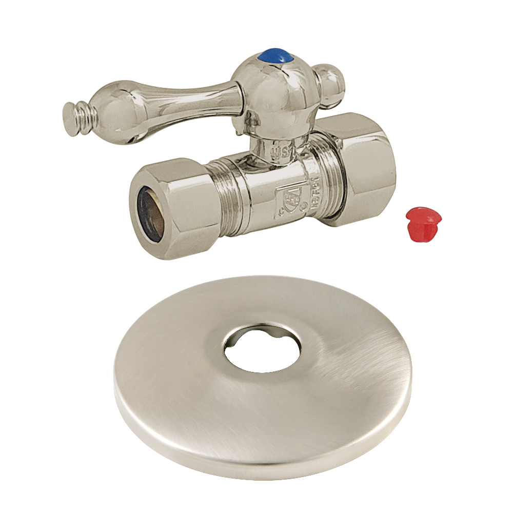 0.63 in. O.D. x 0.5 in. O.D. Compression Quarter-Turn Straight Stop Valve with Flange, Brushed Nickel