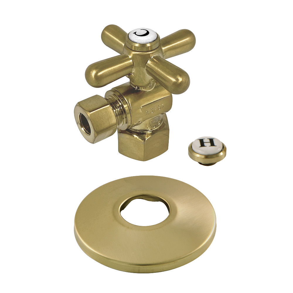 0.5 in. FIP x 0.38 in. O.D. Compression Quarter-Turn Angle Stop Valve with Flange - Brushed Brass