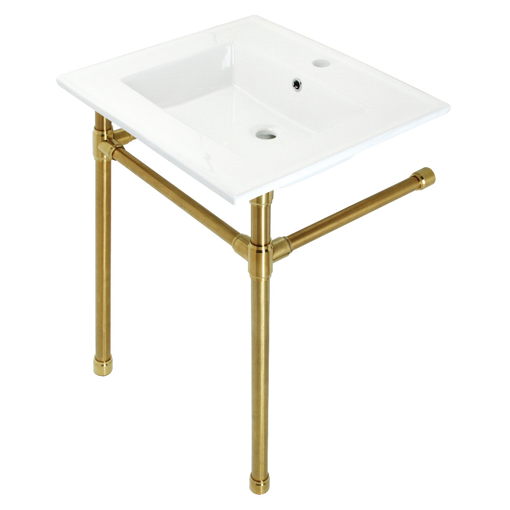 Picture of Kingston Brass KVPB2522717 25 in. Dreyfuss Console Sink with Stainless Steel Legs - Single Faucet Hole, White & Brushed Brass