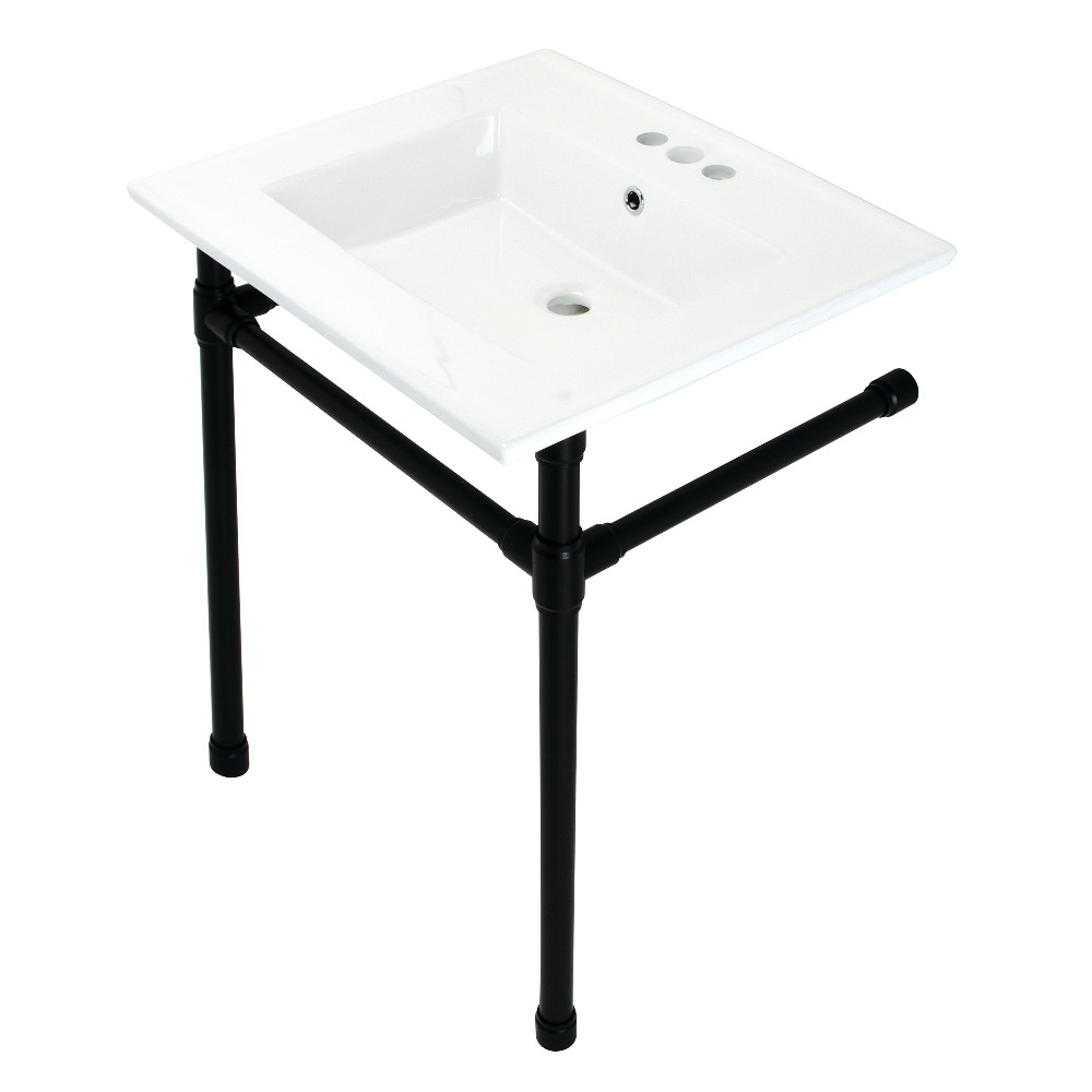 Picture of Kingston Brass KVPB25227W40 25 in. Dreyfuss Console Sink with Stainless Steel Legs - 4 in. 3 Hole, White & Matte Black