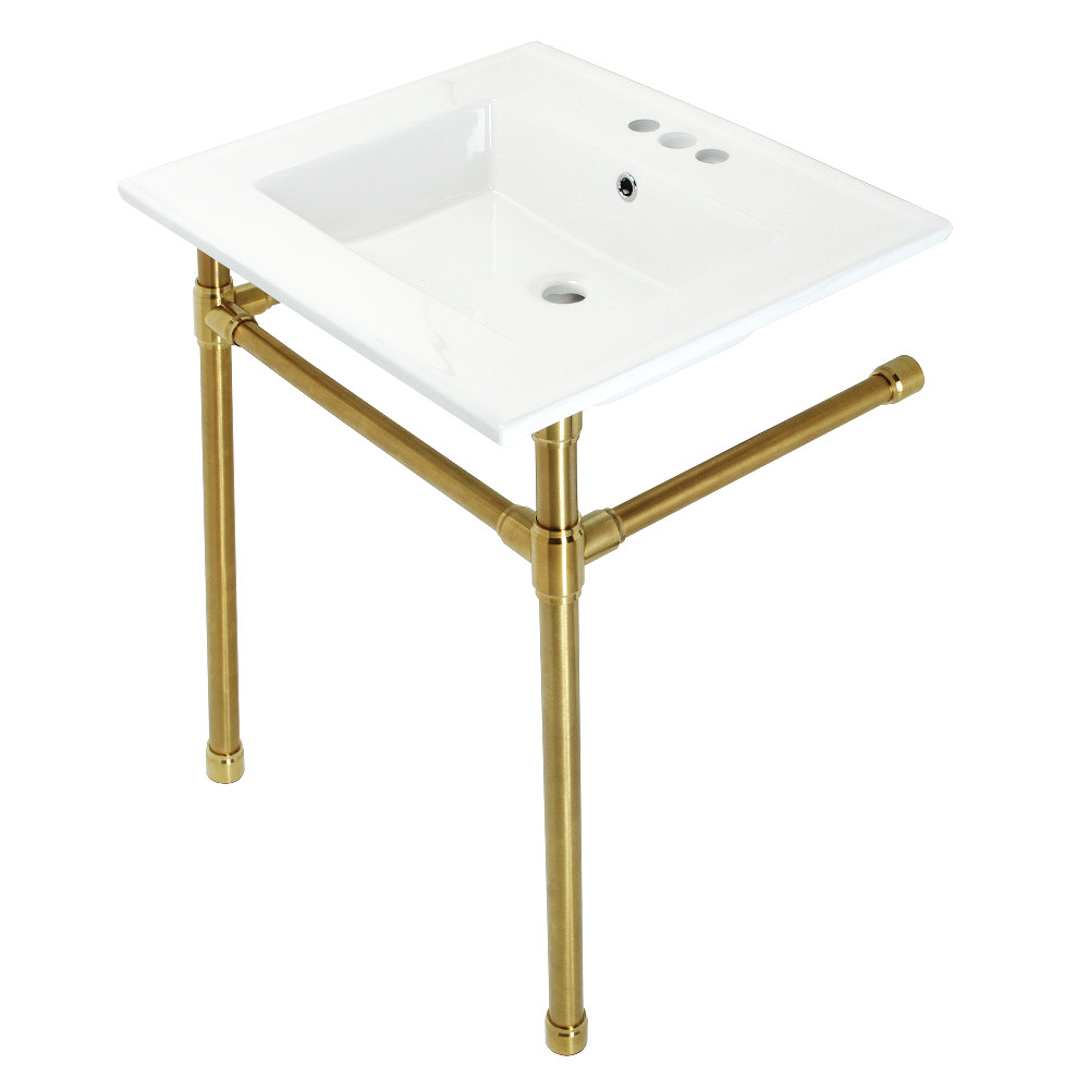 Picture of Kingston Brass KVPB25227W47 25 in. Dreyfuss Console Sink with Stainless Steel Legs - 4 in. 3 Hole, White & Brushed Brass