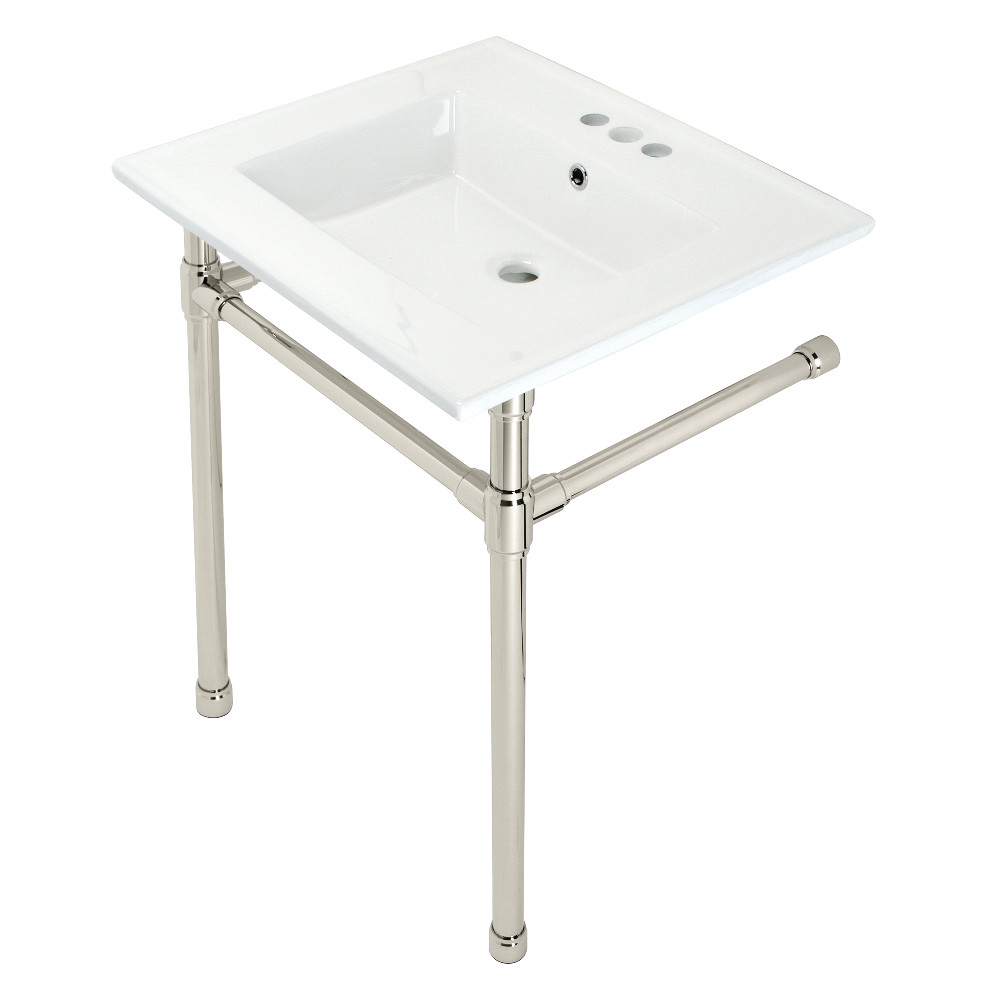 KVPB25227W46 25 in. Dreyfuss Console Sink with Stainless Steel Legs - 4 in. 3 Hole, White & Polished Nickel